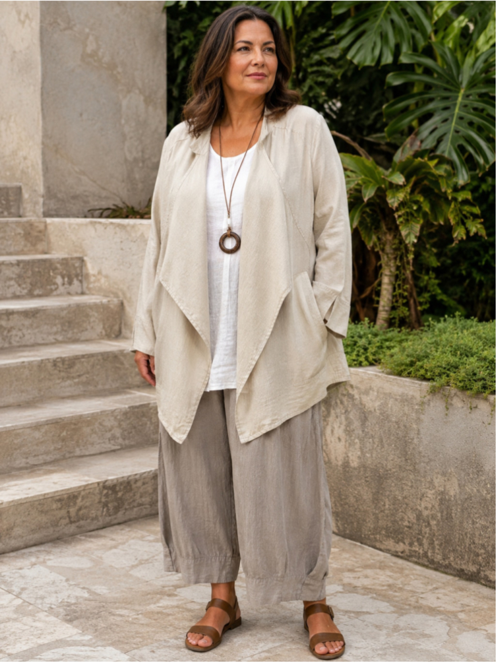 For Cynthia Linen Jacket Women 1X Asymmetric Draped Lagenlook Boho Neutral Beige